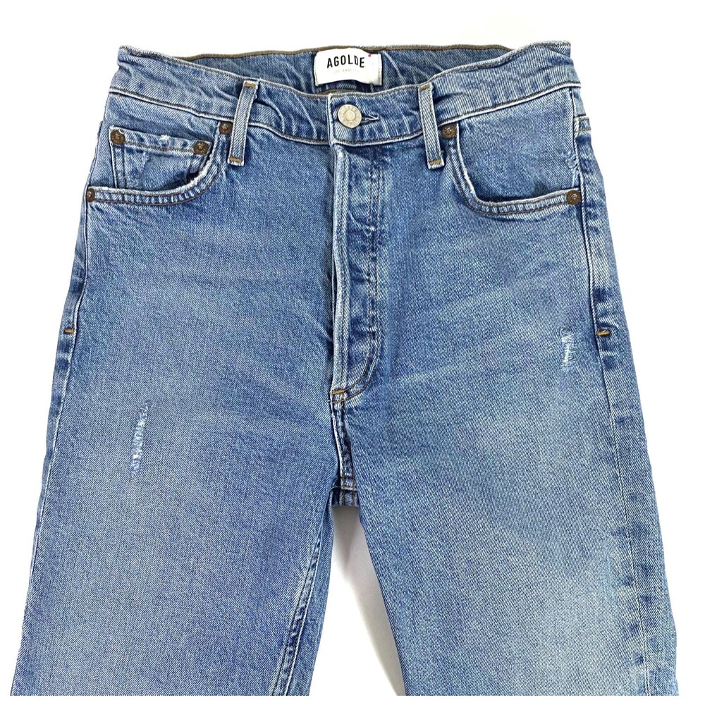 Agolde Nico Slim High Rise Jeans Womens Size 25 Blue Distressed Slits Button Fly